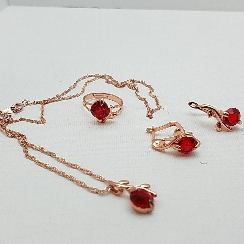 RoseGold Tone 17" Necklace Earrings Ring Ruby Red
